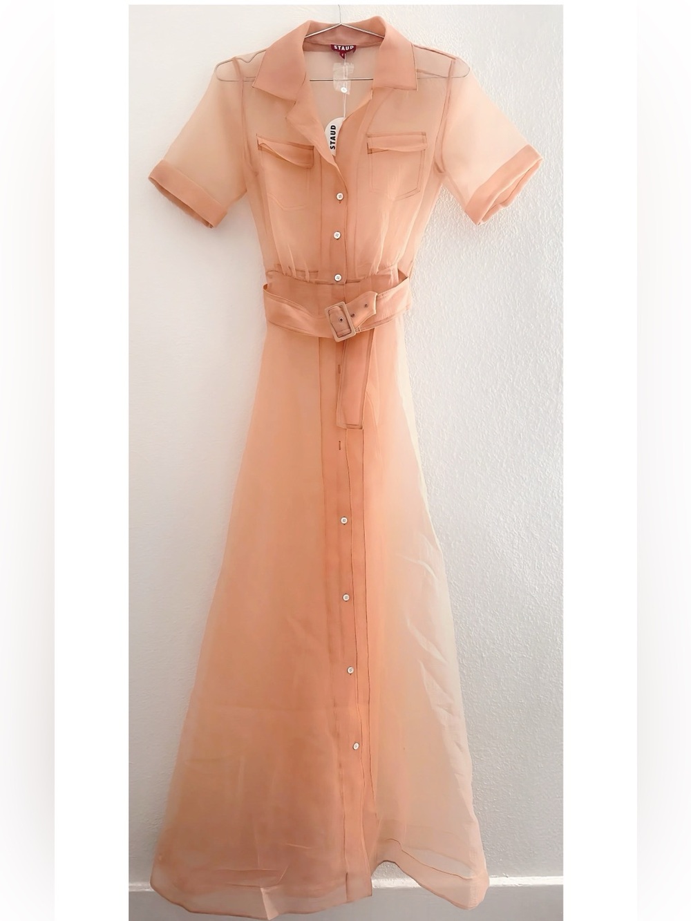 STAUD Peach Sheer Organza Belted Millie Dress